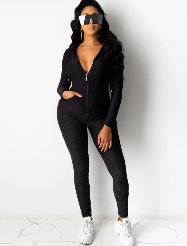 Casual Textrued Long Sleeve Hooded Zipper Tracksuit