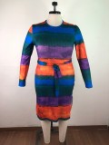 Plus Size Colorful Striped Side Slit Knit Tie Waist Midi Dress