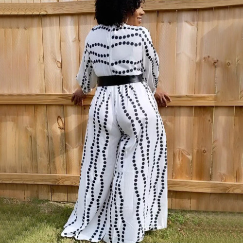 Plus Size White and Black Spot Full Sleeve Wide Leg Jumpsuit