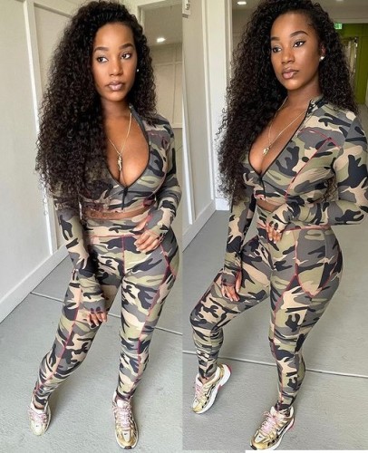 Sexy Camo Print Fitted Crop Top and Pants Two Piece Outfits