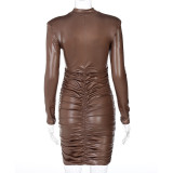 Brown PU Leather Ruched Mini Dress