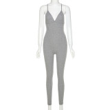 Gray Ribbed Sports Halter Jumpsuit
