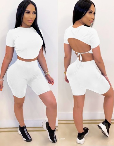 Pure Solid Sexy Tie Back Crop Top and Shorts Set