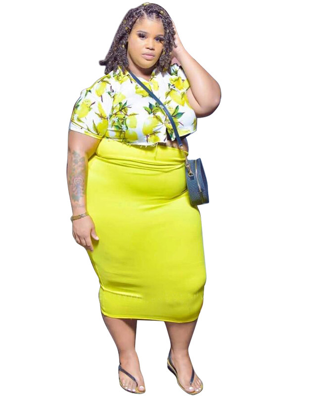 Plus Size Lemon Print Crop Top and Midi Skirt Set