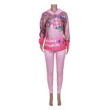 Pink Print Long Sleeve Leisure Hooded Sweatsuit