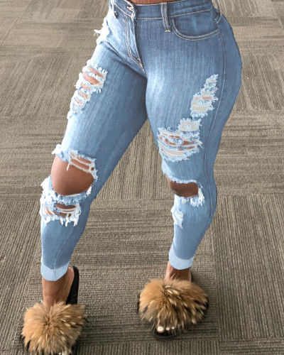Light Blue Ripped Holes Tight Jeans