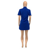 Blue Zip Up Short Sleeve Sexy Side Slit Mini Dress