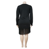 Plus Size Black Long Sleeve Irregular Tassel Midi Dress