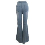 Blue Washed High Waist Flare Jeans
