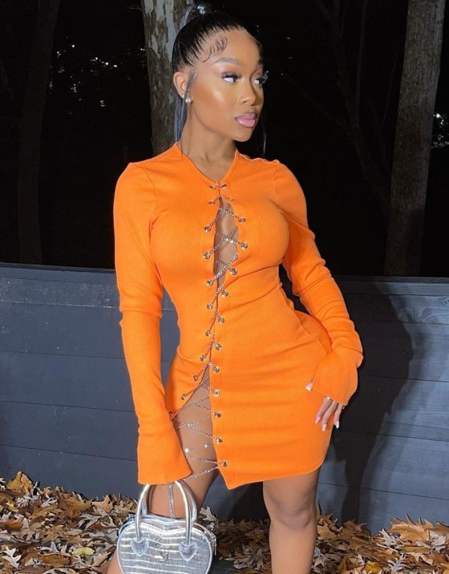 Sexy Metal Chain Lace Up Bodycon Dress