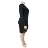 Plus Size Black Long Sleeve Irregular Tassel Midi Dress