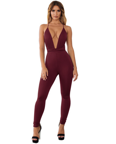 Pure Color Sexy Plunging Halter Bodycon Jumpsuit