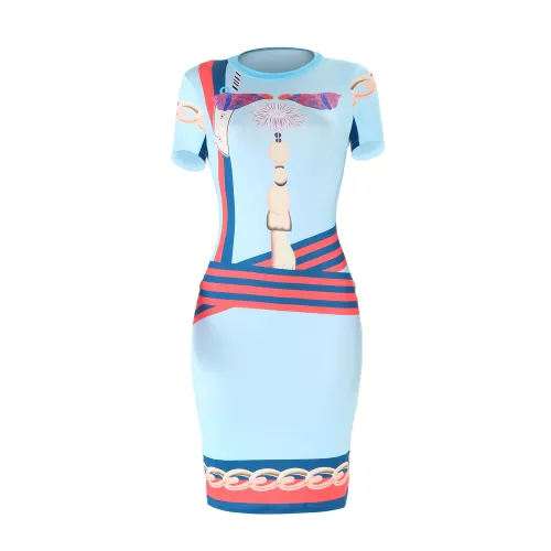 Printed Vintage Short Sleeve Bodycon Midi Dress