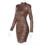 Brown PU Leather Ruched Mini Dress