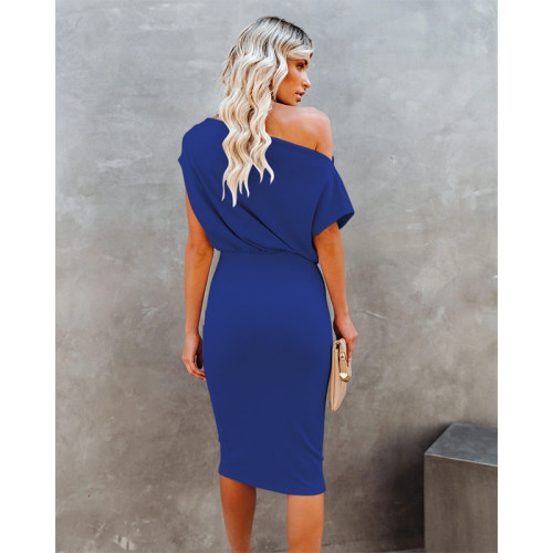 Blue Off Shoulder Short Sleeve Loose-and-Fit Pencil Dress