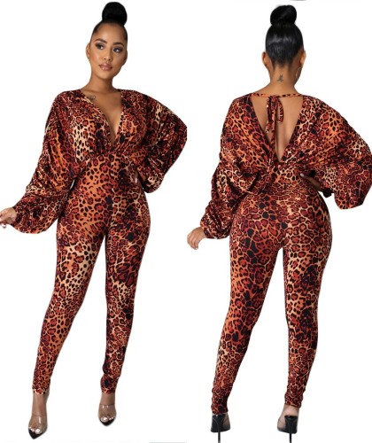 Leopard Print Plunging Jumpsuit with Puff Sleeves