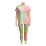 Plus Size Tie Dye Tee and Ruched Pants Set