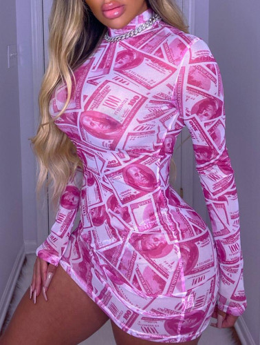 Sexy Money Print Long Sleeve Bodycon Mini Dress