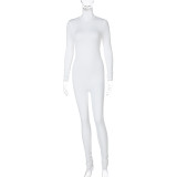 White Long Sleeve Turtleneck Tight Jumpsuit