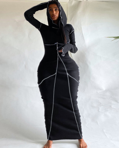 Long Sleeve Casual Hooded Maxi Dress with Contrast Piping