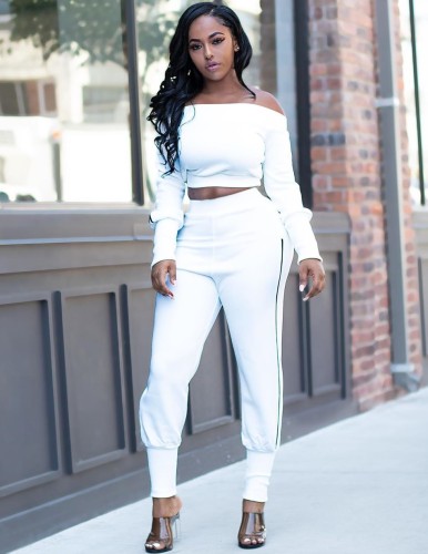 Side Striped Off Shoulder Crop Top and Pants Outfits