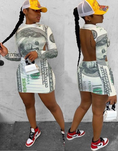 Dollars Print Backless Long Sleeve Mini Dress