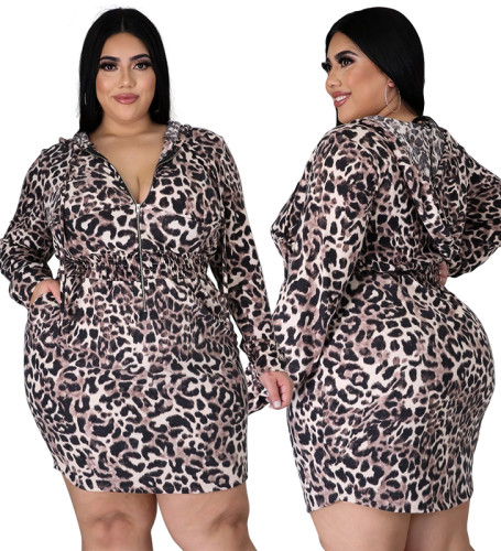 Plus Size Long Sleeve Leopard Print Hooded Bodycon Dress
