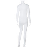 White Long Sleeve Turtleneck Tight Jumpsuit
