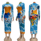 Fashion Long Sleeve Mock Neck Map Print Midi Dress
