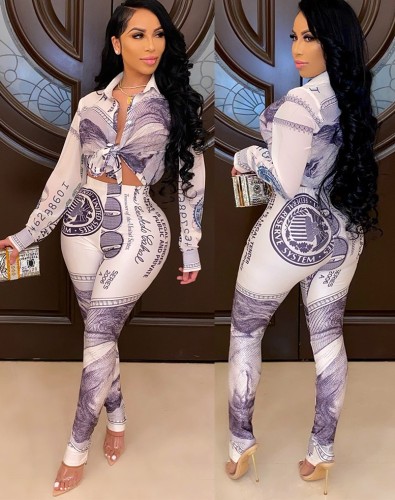 Dollars Bill Print Blouse and Pants Two Piece Set