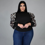 Plus Size Fitted Top with Contrast Puff Sleeves