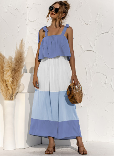 Contrast Color Tie Shoulder Sleeveless Holiday Maxi Dress