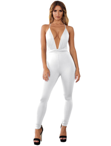 Pure Color Sexy Plunging Halter Bodycon Jumpsuit