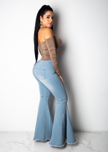 Blue Washed High Waist Flare Jeans