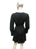 Black Bishop SleeveRuffle Short Wrap Dress