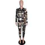 Retro Print Long Sleeve Casual Zipper Tracksuit