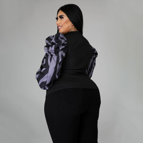 Plus Size Fitted Top with Contrast Puff Sleeves