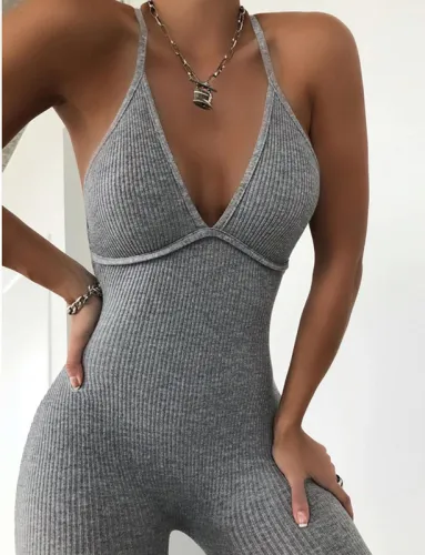 Gray Ribbed Sports Halter Jumpsuit