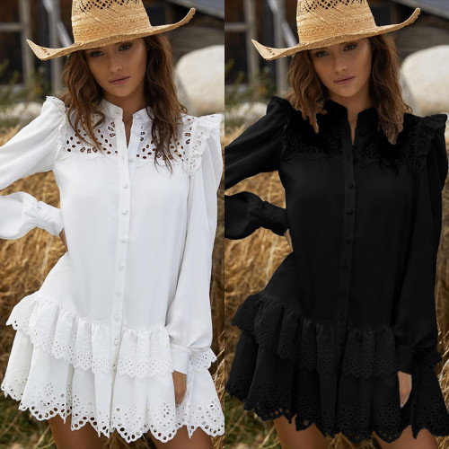 Black Long Sleeve Hollow Out Layered Button Short Dress
