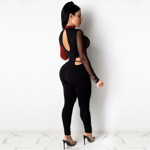 Mesh Panel Lace Up Sexy Bodycon Jumpsuit