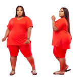 Plus Size Pure Color V Neck Two Piece Short Set