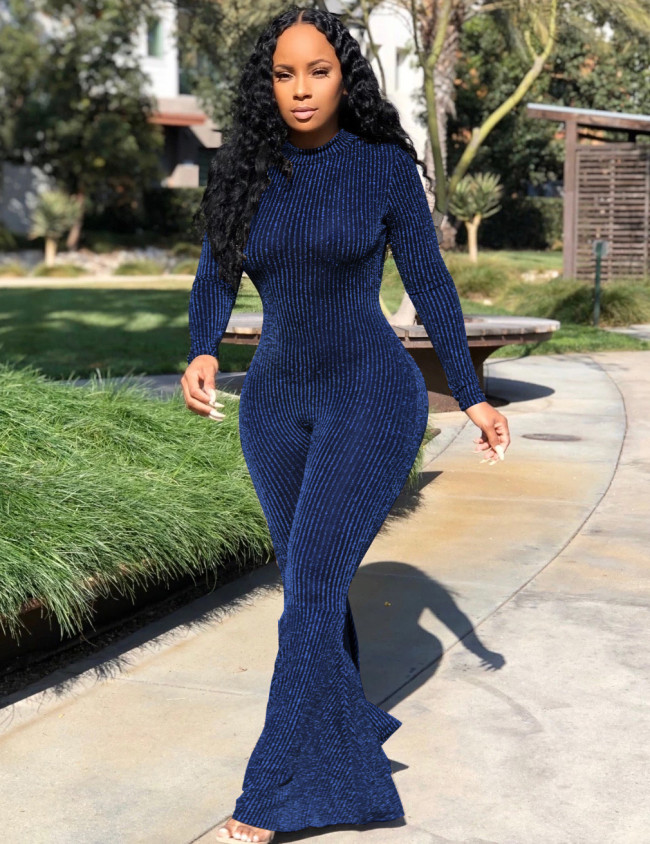 Fashion Long Sleeve Striped Glitter Flare Jumpsuit