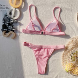 Plain Color Textured Thong Bikini Set