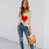 V-Neck Bat Sleeve Heart Print Loose Pullover Sweater