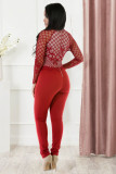 Red Lace Bodice Long Sleeve Mock Neck Jumpsuit