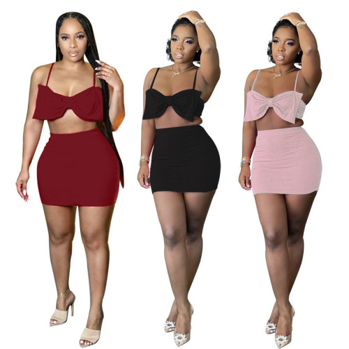 Solid Big Bow Cami Top and Mini Skirt Matching Set