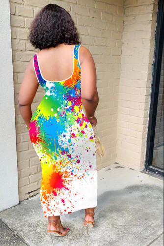 Sexy Splash Ink Print Slit Long Tank Dress