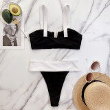 White and Black Bow Tie Thong Bikini Set