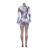 Sexy Print Tie Front Bell Sleeve Crop Top and Mini Skirt