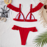 Red Frilled Sexy Thong Bikini Set